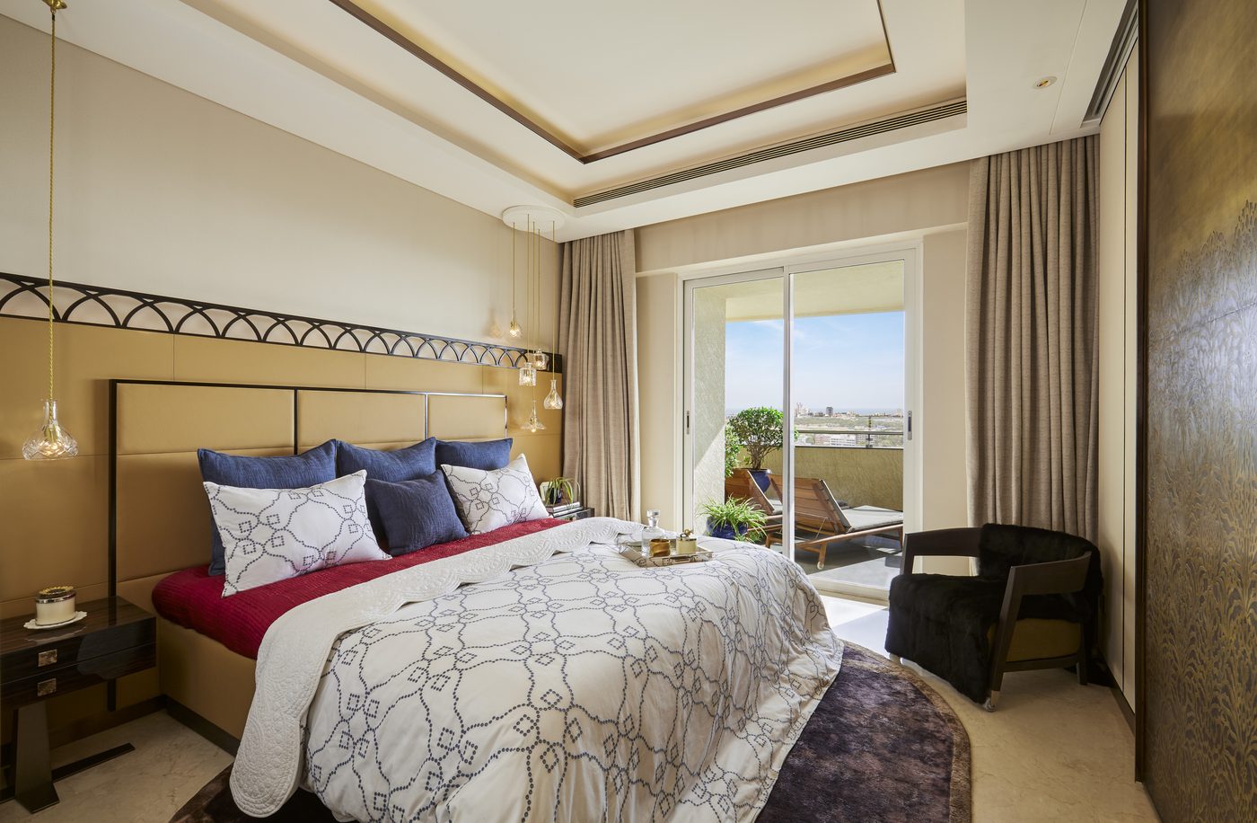 Master bedroom with a city view